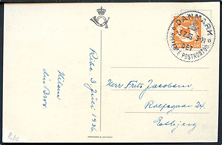 10 øre H. C. Andersen på brevkort annulleret med særstempel Danmark * Det rullende Postkontor * d. 3.7.1936 til Esbjerg. Det rullende postkontor var opstillet i Ribe i dagene 2.-3.7.1936 i forb. med Middelalder festspil.