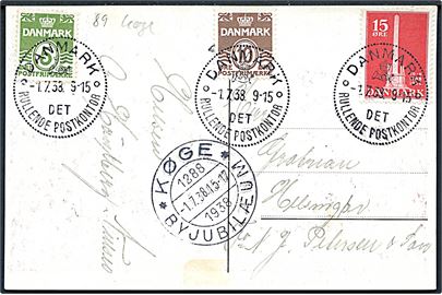 5 øre, 10 øre  Bølgelinie og 15 øre Stavnsbåndet på brevkort annulleret med særstempel Danmark * Det rullende Postkontor * d. 1.7.1938 og sidestemplet Køge d. 1.7.1938 til Helsingør. Det rullende postkontor var opstillet i Køge i dagene 1.-3.7.1938 i forbindelse med 650 års byjubilæum.