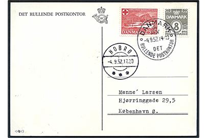 8 øre Bølgelinie og 25+5 øre Jutlandia på brevkort annulleret med særstempel Danmark * Det rullende Postkontor * d. 4.9.1952 til København. Postkontoret var opstillet i Hobro d. 4.9.1952 i forbindelse med Ambulancedagen.