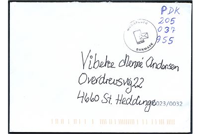 Ufrankeret brev med påskrevet mobilportokode og stempel Mobilporto Danmark fra Assens til St. Heddinge.