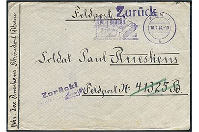 Ufrankeret feltpostbrev fra Köln d. 10.2.1944 til soldat ved feldpost nr. 41325B (= 5. Komp. Jäger-Regiment 43 (L) på østfronten). Returneret med stempel Empfänger Vermisst! 