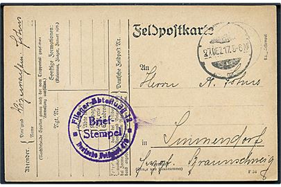 Ufrankeret feltpostkort stemplet Feldpost d. 27.12.1917 til Simendorf. Briefstempel: Flieger-Abteilung 12 * Deutsche Feldpost 470 *.