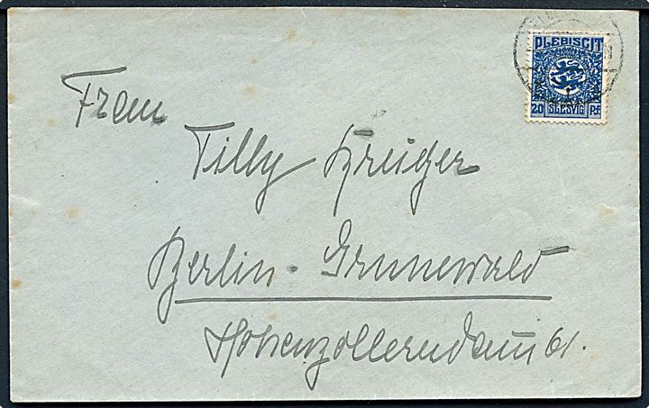 20 pfg. Fælles udg. på brev fra Flensburg d. 6.3.1920 til Berlin. Bagklap mgl.
