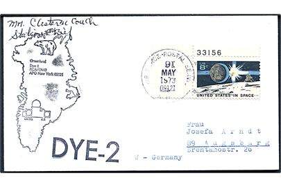 8 cents på brev fra radarstationen DYE 2 annulleret med amerikansk feltpoststempel Air Force Postal Service APO 09121 (= Sdr. Strømfjord) d. 16.5.1973 til Augsburg, Tyskland.