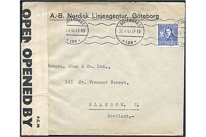 30 öre Berzelius på brev fra Göteborg d. 26.4.1940 til Glasgow, Scotland. Åbnet af britisk censur PC90/5179. Overfradebrev sendt enten via USSR-Balkan-Italien-Frankrig eller via Petsamo i Lapland.