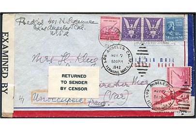 30 cents blandingsfrankeret luftpostbrev fra Los Angeles d. 7.11.1942 til Vichy-Frankrig. Åbnet af amerikansk censur no. 2303 (Los Angeles) og returneret med etiket Returned to sender by censor. Det ubesatte Vichy-Frankrig blev besat at Tyskland og Italien d. 11.11.1942.