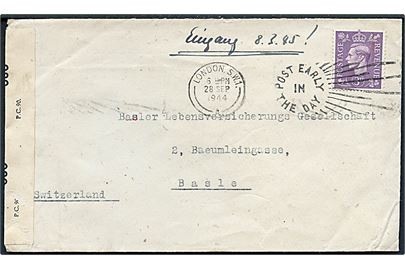3d George VI på overfladebrev fra London d. 28.9.1944 til Basel, Schweiz. Åbnet af britisk censur PC90/686. Privat påtegning vedr. modtaget d. 8.3.1945 - ingen forklaring på den lange befordringstid.