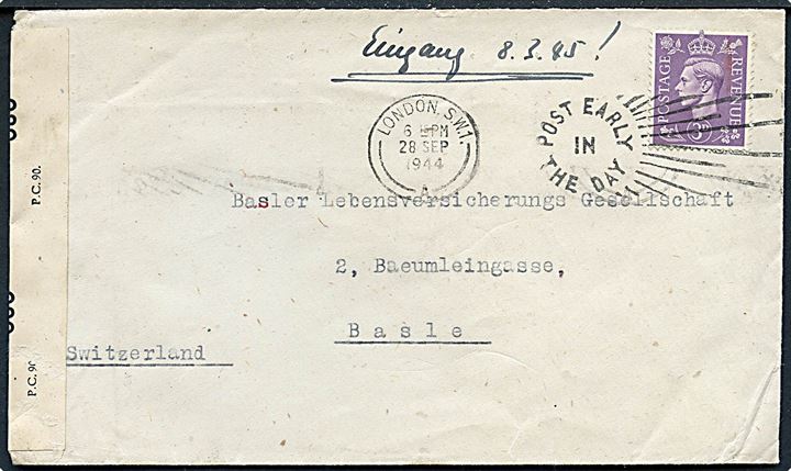 3d George VI på overfladebrev fra London d. 28.9.1944 til Basel, Schweiz. Åbnet af britisk censur PC90/686. Privat påtegning vedr. modtaget d. 8.3.1945 - ingen forklaring på den lange befordringstid.