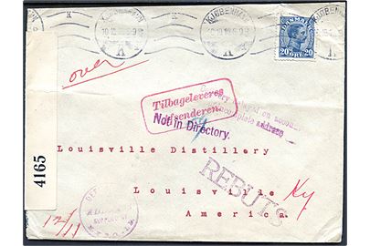 20 øre Chr. X på brev fra Kjøbenhavn d. 10.10.1916 til Louisville, USA. Åbnet af britisk censur no. 4165. Brevet returneret som ubekendt med flere stempler.