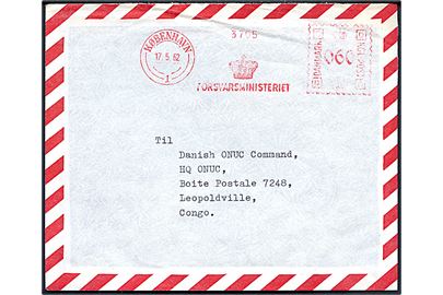 60 øre firmafranko fra Forsvarsministeriet på luftpostbrev fra København d. 17.5.1962 til Danish UNUC Command, HQ ONUC, Boite Postale 7248, Leopoldville, Congo.
