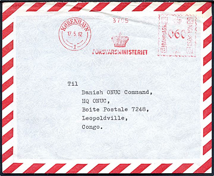 60 øre firmafranko fra Forsvarsministeriet på luftpostbrev fra København d. 17.5.1962 til Danish UNUC Command, HQ ONUC, Boite Postale 7248, Leopoldville, Congo.