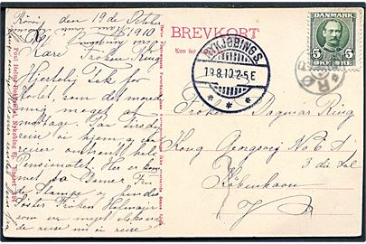 5 øre Fr. VIII på brevkort annulleret med stjernestempel RØRVIG og sidestemplet Nykjøbing S. d. 19.8.1910 til Kjøbenhavn.