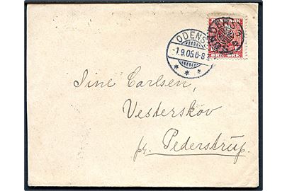 10 øre Chr. IX på brev annulleret med stjernestempel SØNDERSØ og sidestemplet Odense d. 1.9.1905 via Aarslev til Vesterskov pr. Pederstrup.