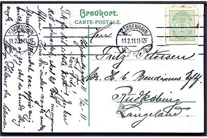 5 øre Våben helsagsafklip anvendt som frankering på brevkort fra Kjøbenhavn d. 11.2.1911 til Rudkøbing.