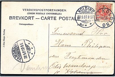 10 øre Chr. IX på brevkort annulleret med lapidar Kolding d. 28.5.1907 til Ødis Bramdrup pr. Kolding - eftersendt til pr. Vamdrup med brotype Kolding d. 28.5.1907 og Vamdrup ank.stempel samme dag. Kortet er løst.