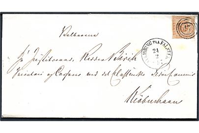 4 sk. 1854 udg. på brev annulleret med nr.stempel 47 og sidestemplet antiqua Nykjøbing paa Falster d. 24.2.1857 til Kjøbenhavn.