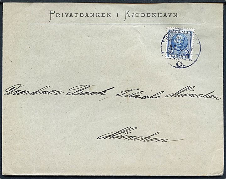 20 øre Fr. VIII ultramarin på brev fra Kjøbenhavn d. 4.7.1912 til München, Tyskland.