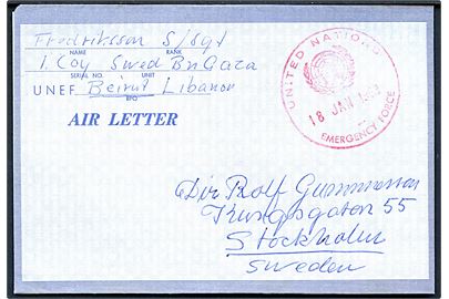 UNEF Air Letter med rødt stempel United Nations Emergency Force 2 d. 18.1.1963 fra soldat ved Swed Bn Gaza via Beirut Libanon til Stockholm, Sverige.
