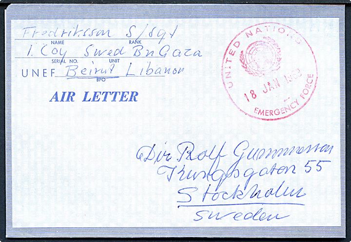 UNEF Air Letter med rødt stempel United Nations Emergency Force 2 d. 18.1.1963 fra soldat ved Swed Bn Gaza via Beirut Libanon til Stockholm, Sverige.