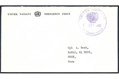 Fortrykt UNEF kuvert stemplet United nations Emergency Force d. 1.10.1962 fra svensk menig i LAU, Beirut til DANLO, HQ UNEF, Gaza.