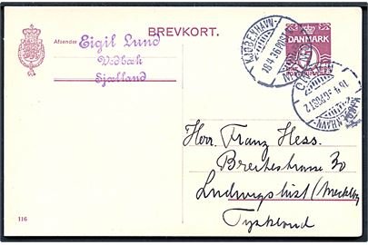 7 øre helsagsbrevkort annulleret med sejlende bureaustempel Kjøbenhavn - Malmø POST2 d. 18.4.1936 til Ludwigslust, Tyskland. Uden meddelelse på bagsiden.