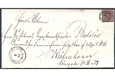 4 R.B.S. på brev annulleret med nr.stempel 47 og sidestemplet antiqua Nykjøbing paa Falster d. 5.12.1853 til Kiøbenhavn.
