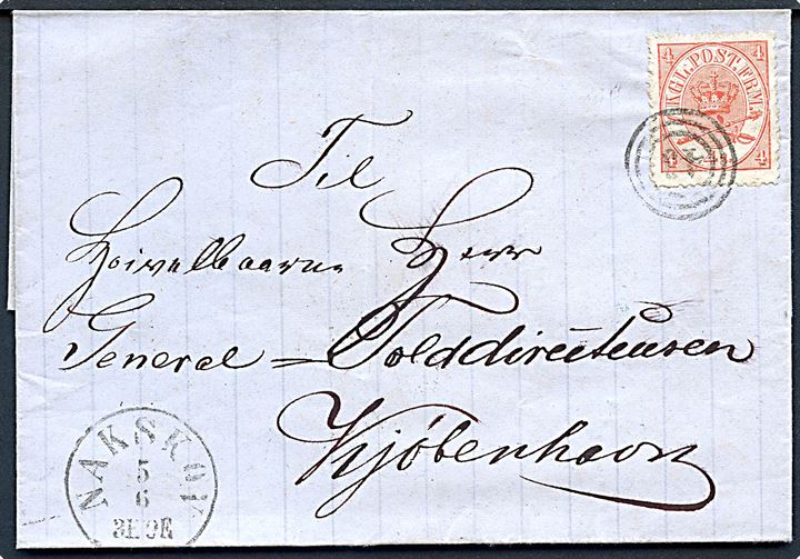 4 sk. Krone/Scepter på brev annulleret med nr.stempel 43 og sidestemplet antiqua Nakskov d. 5.6.186x til Kjøbenhavn.