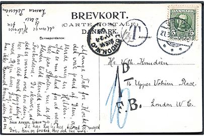 5 øre Fr. VIII på underfrankeret brevkort (Askov Højskole) stemplet Vejen d. 21.5.1909 til London, England. Sort T og engelsk 1d F.B. portostempel.