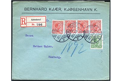 5 øre og 10 øre (3-stribe) Chr. X på anbefalet brev fra Kjøbenhavn d. 22.2.1915 til Hamburg, Tyskland. Ingen tegn på censur.