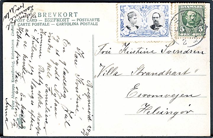 5 øre Fr. VIII og Julemærke 1907 på brevkort (Udsigt fra Nakkehoved Fyr) annulleret med lapidar Esrom d. 24.12.1907 til Helsingør.