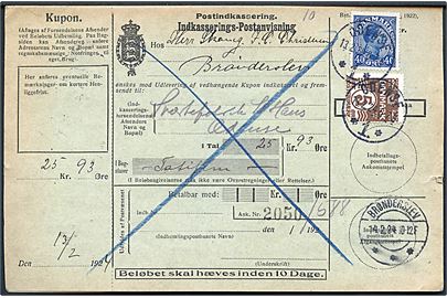 5 øre Bølgelinie og 40 øre Chr. X på retur Indkasserings-Postanvisning fra Odense d. 13.2.1924 til Brønderslev.