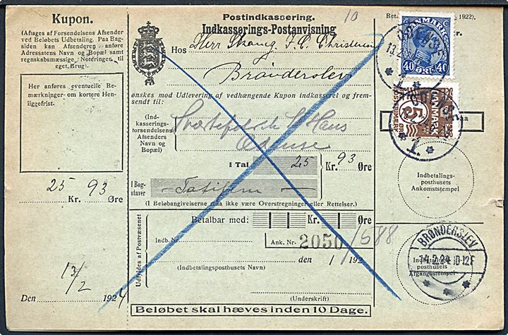 5 øre Bølgelinie og 40 øre Chr. X på retur Indkasserings-Postanvisning fra Odense d. 13.2.1924 til Brønderslev.