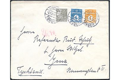1 øre, 4 øre Bølgelinie og 20 øre Karavel på brev annulleret med bureau Sønderborg - Tønder T.412 d. 2.6.1930 til Jena, Tyskland.