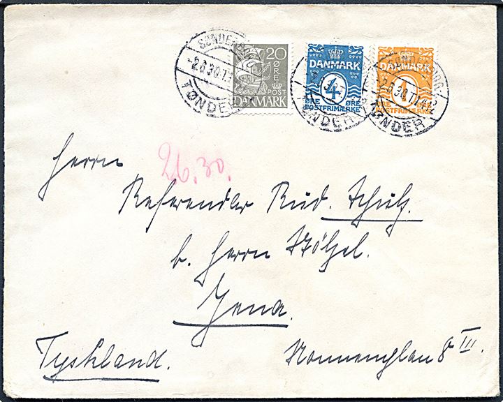 1 øre, 4 øre Bølgelinie og 20 øre Karavel på brev annulleret med bureau Sønderborg - Tønder T.412 d. 2.6.1930 til Jena, Tyskland.