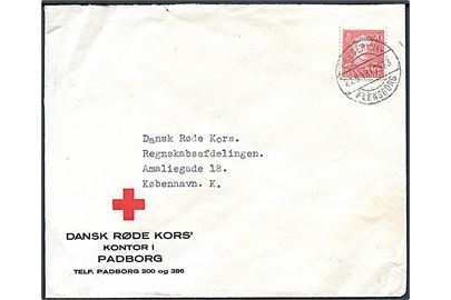 20 øre Chr. X på fortrykt kuvert fra Dansk Røde Kors's kontor i Padborg annulleret med bureaustempel Fredericia - Flensborg T.2973 d. 27.5.1946 til Røde Kors i København.