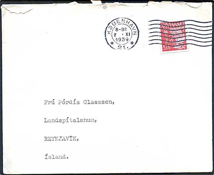 15 øre Karavel på brev fra København d. 7.11.1939 til Reykjavik, Island. Uden tegn på censur.