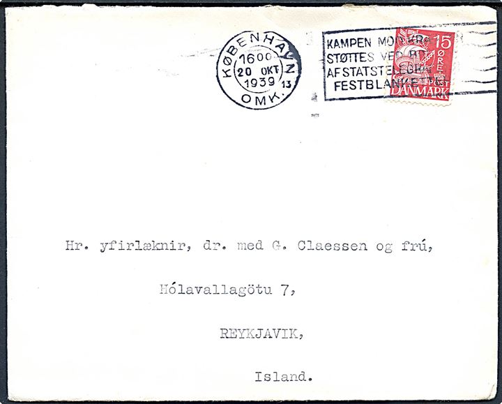 15 øre Karavel på brev fra København d. 20.10.1939 til Reykjavik, Island. Uden tegn på censur.