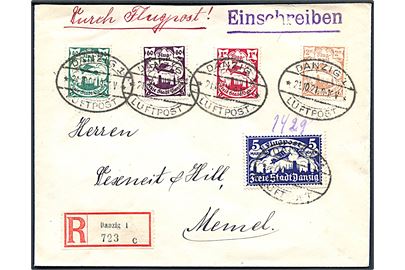 40 pfg., 60 pfg., 1 mk., 2 mk. og 5 mk. Luftpost udg. på filatelistisk anbefalet luftpostbrev fra Danzig Luftpost d. 21.10.1921 til Memel.
