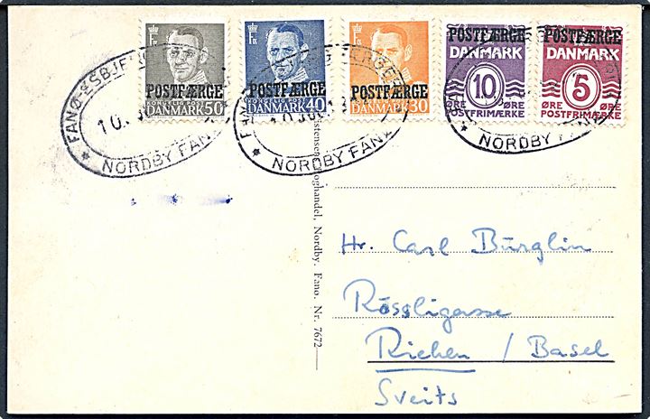 5 øre, 10 øre Bølgelinie, 30 øre, 40 øre og 50 øre Fr. IX Postfærgemærker på filatelistisk brevkort (Strandvogne på Fanø) fra Nordby Fanø d. 10.7.1952 til Basel, Schweiz. Ikke udtakseret i porto.
