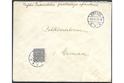 Ufrankeret brev påskrevet Befalet Indsendelse fra Knebel d. 13.8.1941 til Politimesteren i Grenaa. Udtakseret i enkeltporto med 20 øre Portomærke stemplet Grenaa d. 14.8.1941.