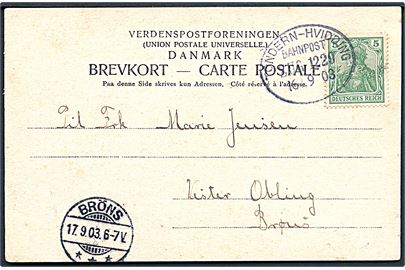 5 pfg. Germania på brevkort annulleret med bureaustempel Tondern - Hvidding Bahnpost Zug 1229 d. 16.9.1903 til Brøns.