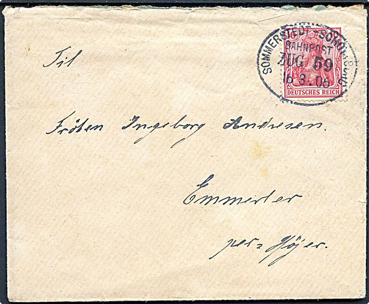 10 pfg. Germania på brev annulleret med bureaustempel Sommerstedt - Schottburg Bahnpost Zug 59 d. 16.8.1906 til Emmerlev pr. Højer.