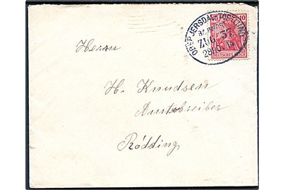 10 pfg. Germania på brev annulleret med bureaustempel Ober Jersdal - Toftlund Bahnpost Zug 37 d. 28.10.1914 til Rødding.