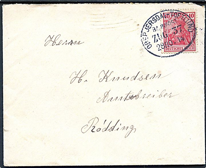 10 pfg. Germania på brev annulleret med bureaustempel Ober Jersdal - Toftlund Bahnpost Zug 37 d. 28.10.1914 til Rødding.