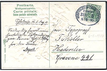 5 pfg. Germania på brevkort dateret Fjelstrup annulleret med bureaustempel Hadersleben - Christiansfeld Bahnpost Zug 5 d. 6.8.1910 til Haderslev.