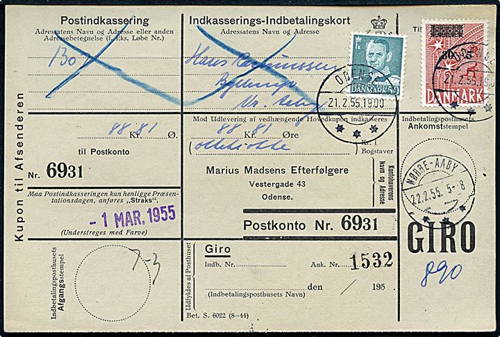30+5/20+5 øre Provisorium og 50 øre Fr. IX på retur Indkasserings-Indbetalingskort fra Odense d. 21.2.1955 til Nørre Aaby.
