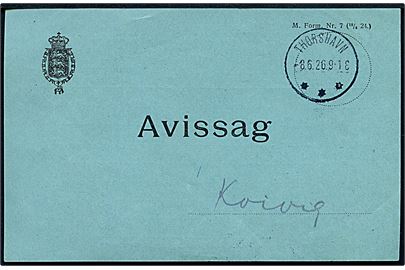 Avissag - M.Form. Nr. 7 (12/5.24.) - med brotype IIIb Thorshavn d. 8.6.1926 til Kvivig. På bagsiden liniestempel Thorshavn.