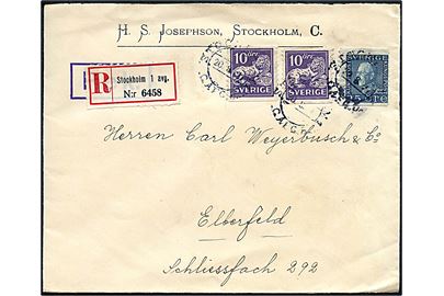 10 öre Løve (2) og 25 öre Gustaf på anbefalet brev fra Stockholm d. 20.8.1927 til Elberfeld, Tyskland.