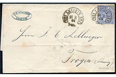 2 gr. stukken kant single på brev annulleret med hestesko-stempel No. 1 Leipzig No. 1 d. 10.3.1869 via bureau Basel-Olten, Zürich-St.Gallen, samt både Zürich og St. Gallen til Trogen, Schweiz.
