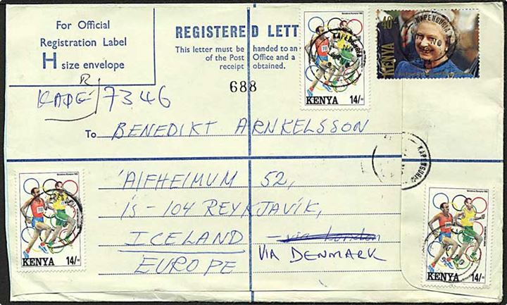 14 sh. Barcelona Olympiade (5) og 40 sh. Elizabeth på anbefalet brev fra Kapenguria d. 14.11.1992 til Reykjavik, Island.